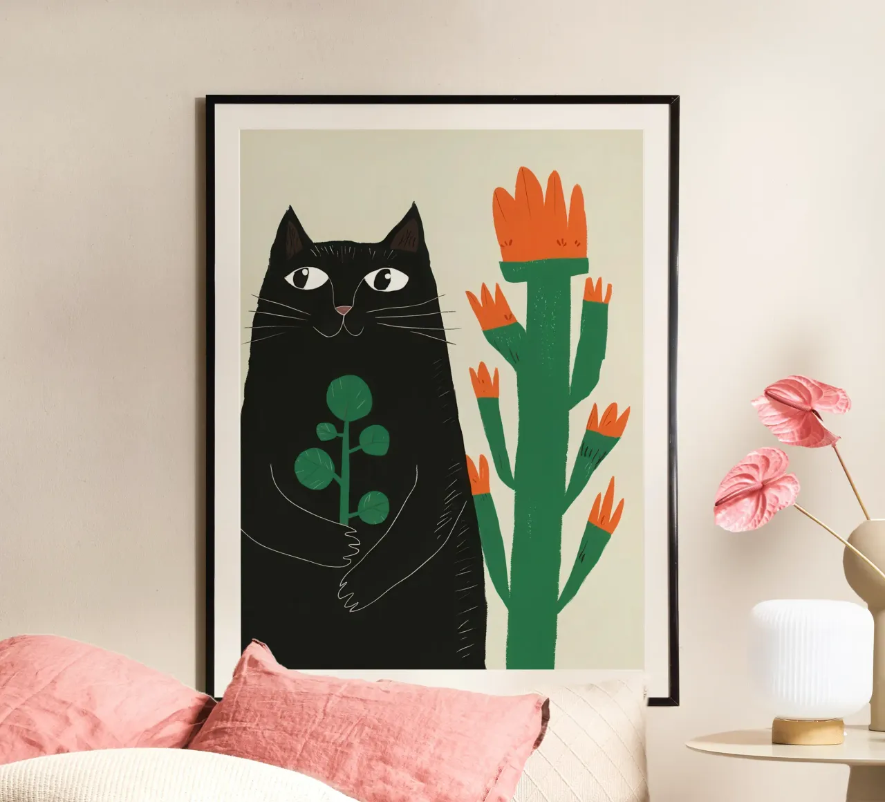 Gatti neri e cactus poster con telaio in alluminio da Lyra Glaze