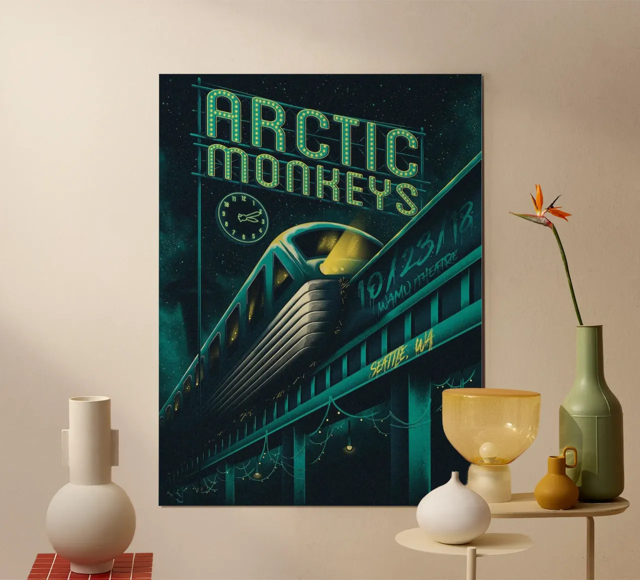 Dischi che girano e luce della luna poster con telaio in plastica da piareto