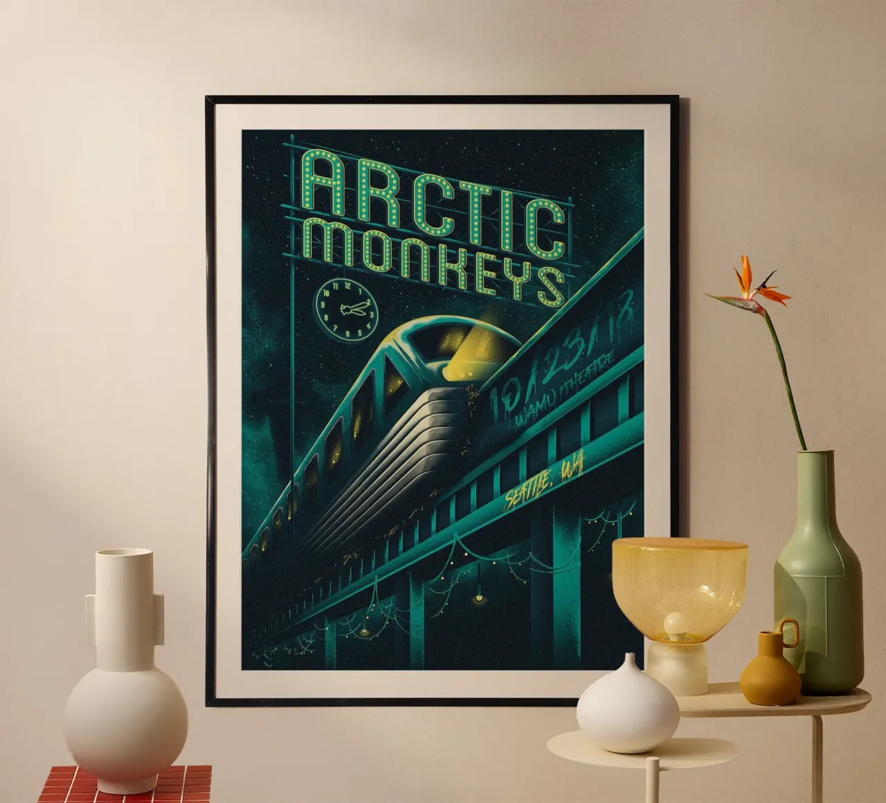 Dischi che girano e luce della luna poster con telaio in plastica da piareto