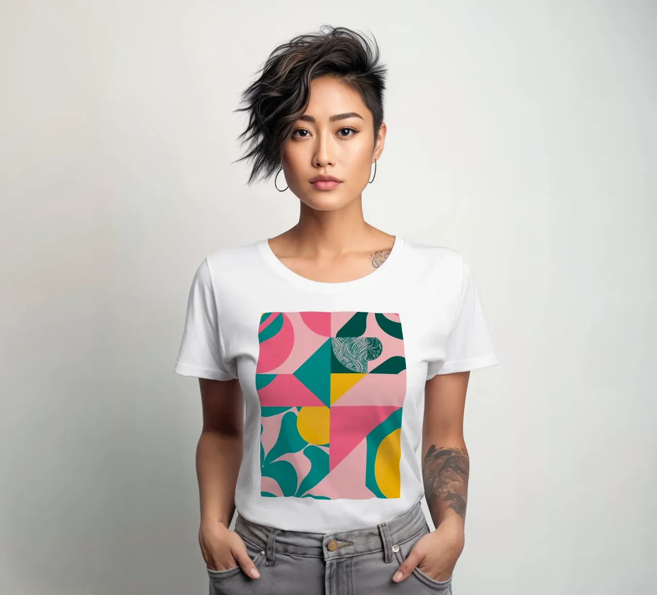 Geometric Abstract with Circular and Triangular Forms women's fitted t-shirt by DesignDoodle