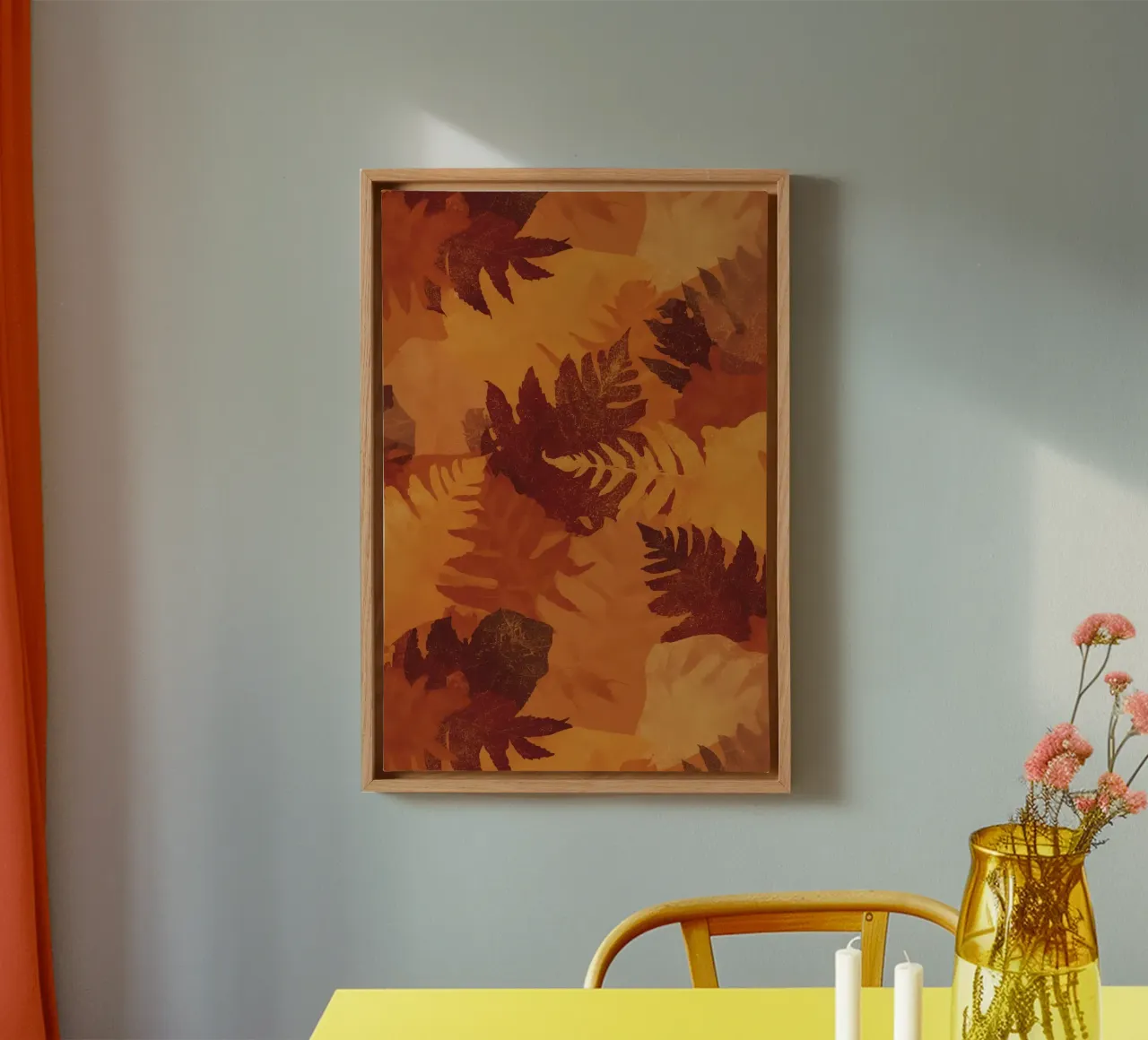 Overlapping Leaf Silhouettes in Autumnal Colors canvas with Floater frame by DesignDoodle