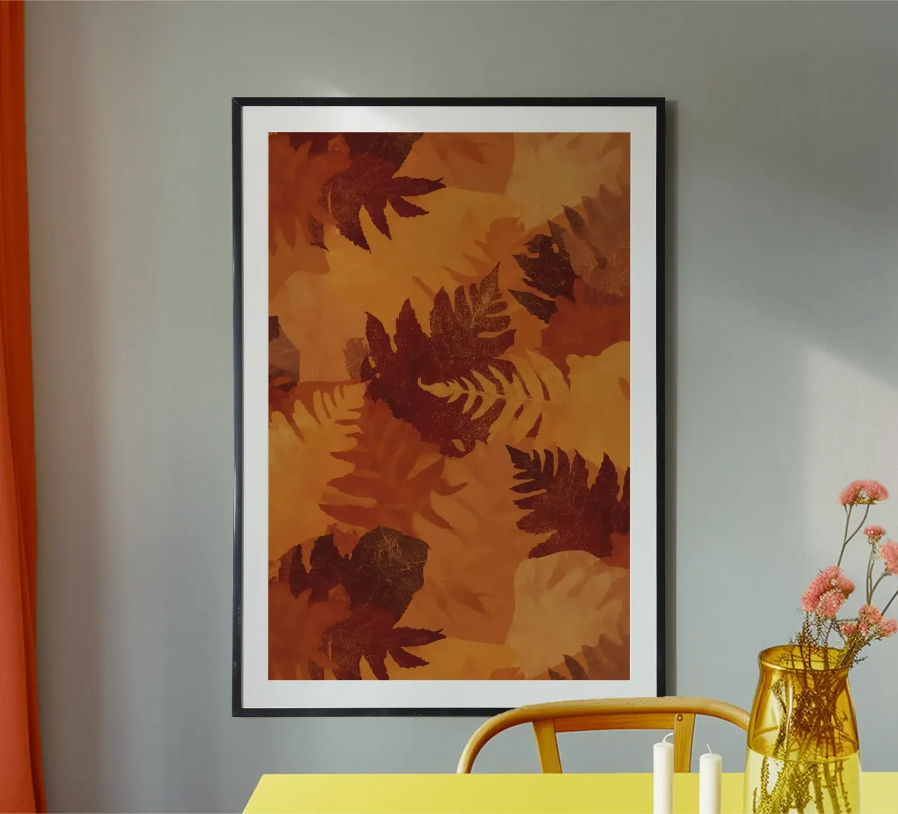 Overlapping Leaf Silhouettes in Autumnal Colors poster with plastic frame by DesignDoodle