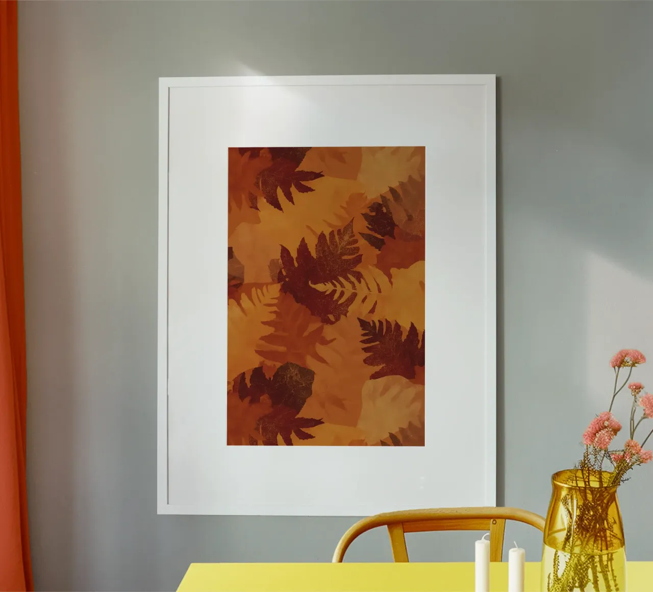 Overlapping Leaf Silhouettes in Autumnal Colors poster with plastic frame by DesignDoodle