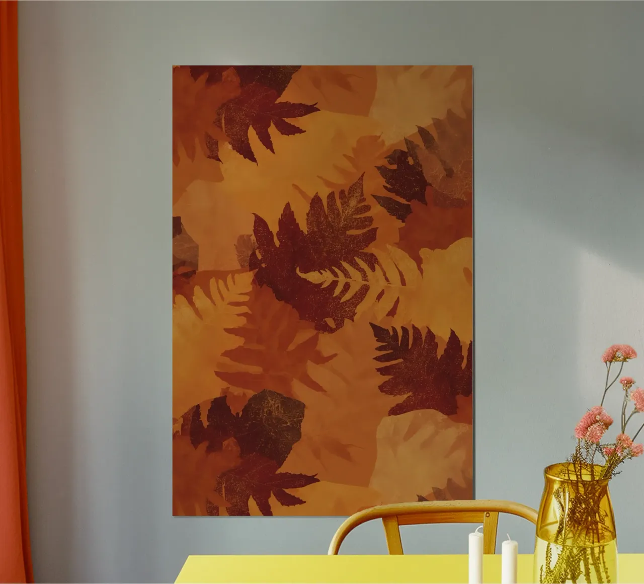 Overlapping Leaf Silhouettes in Autumnal Colors poster with plastic frame by DesignDoodle