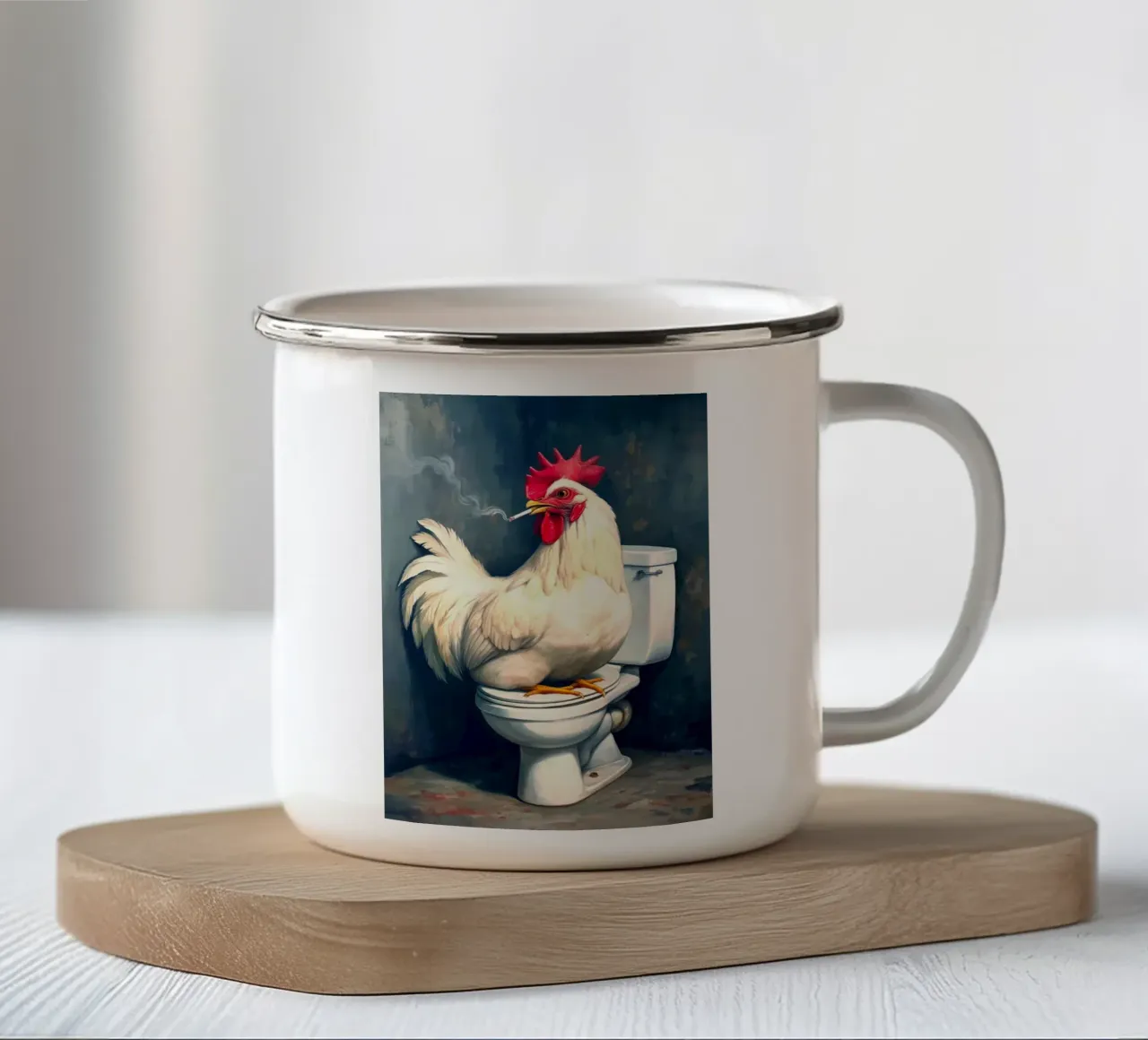 Pollo che fuma sul water tazza in smalto da Fleur de Lys