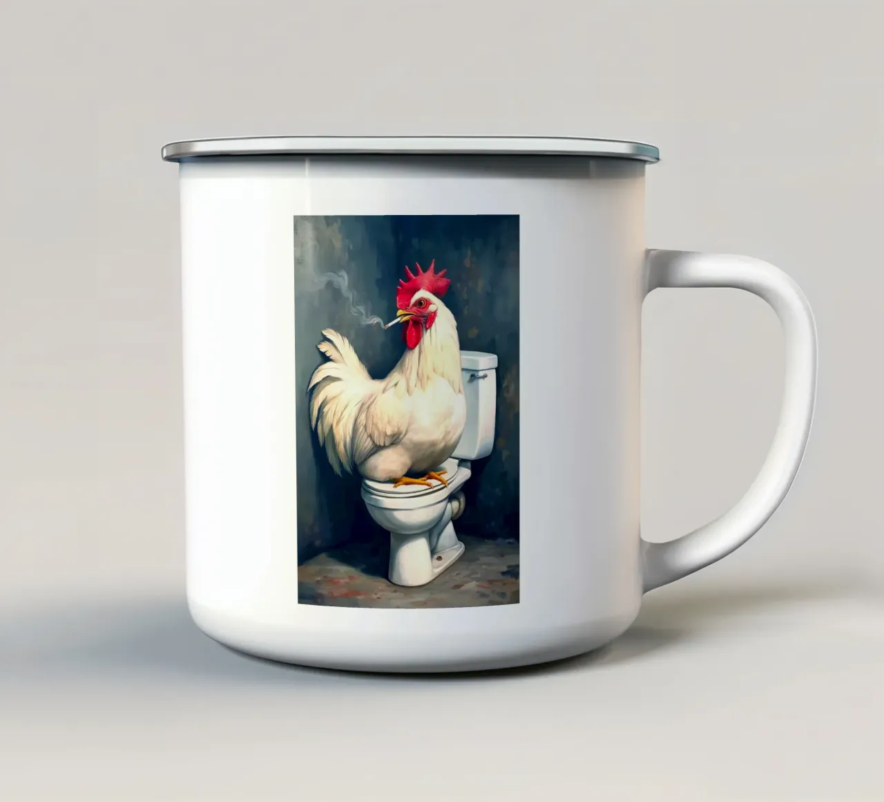 Pollo che fuma sul water tazza in smalto da Fleur de Lys