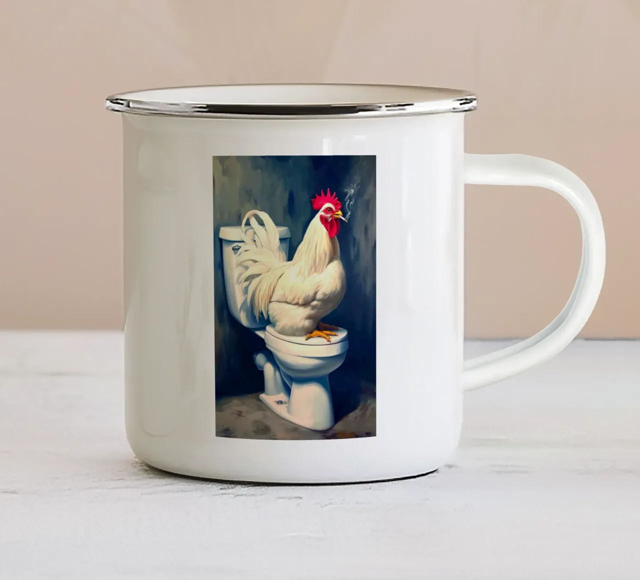 Pollo che fuma sul water tazza in smalto da Fleur de Lys
