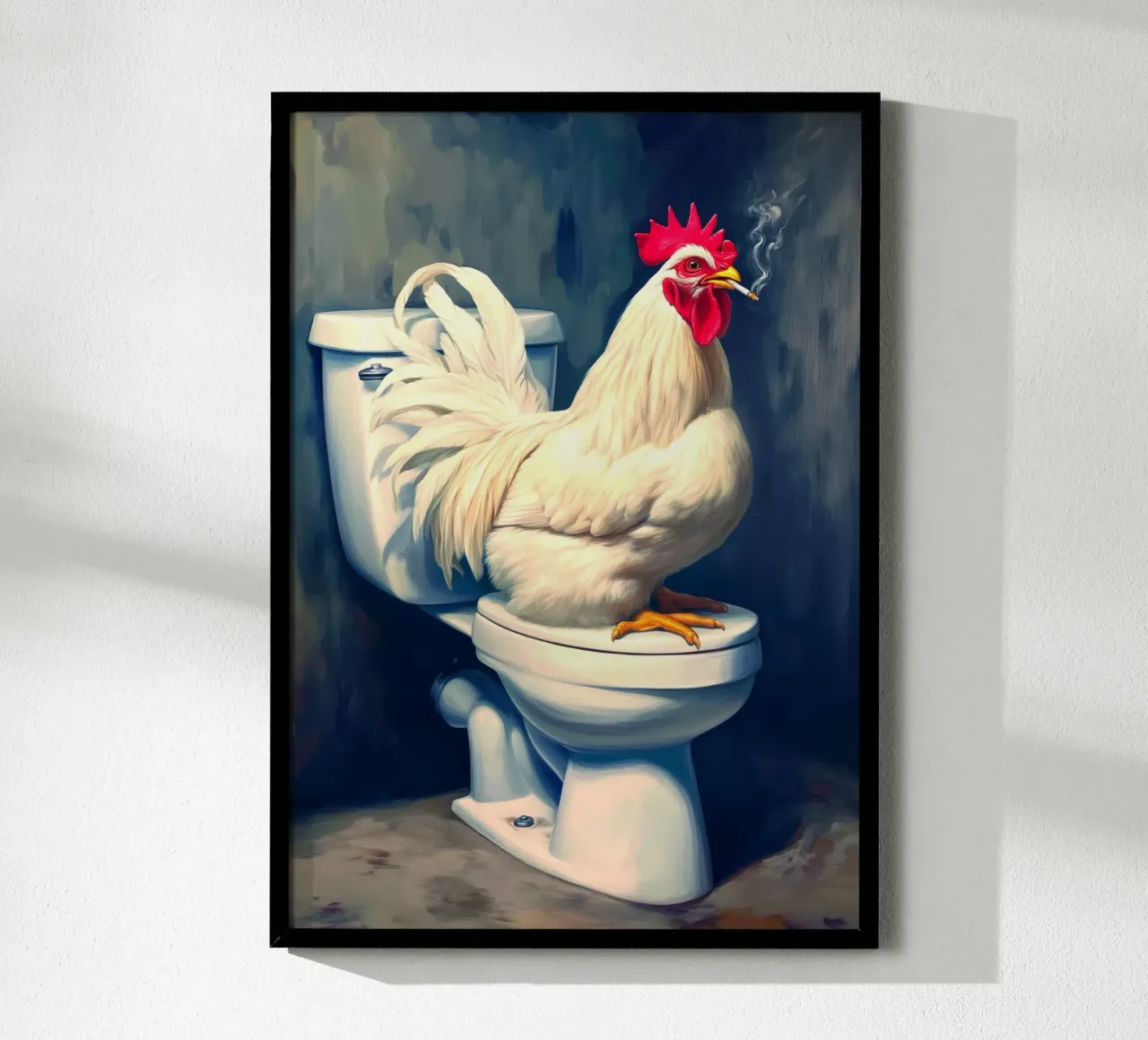 Pollo che fuma sul water poster con telaio in alluminio da Fleur de Lys