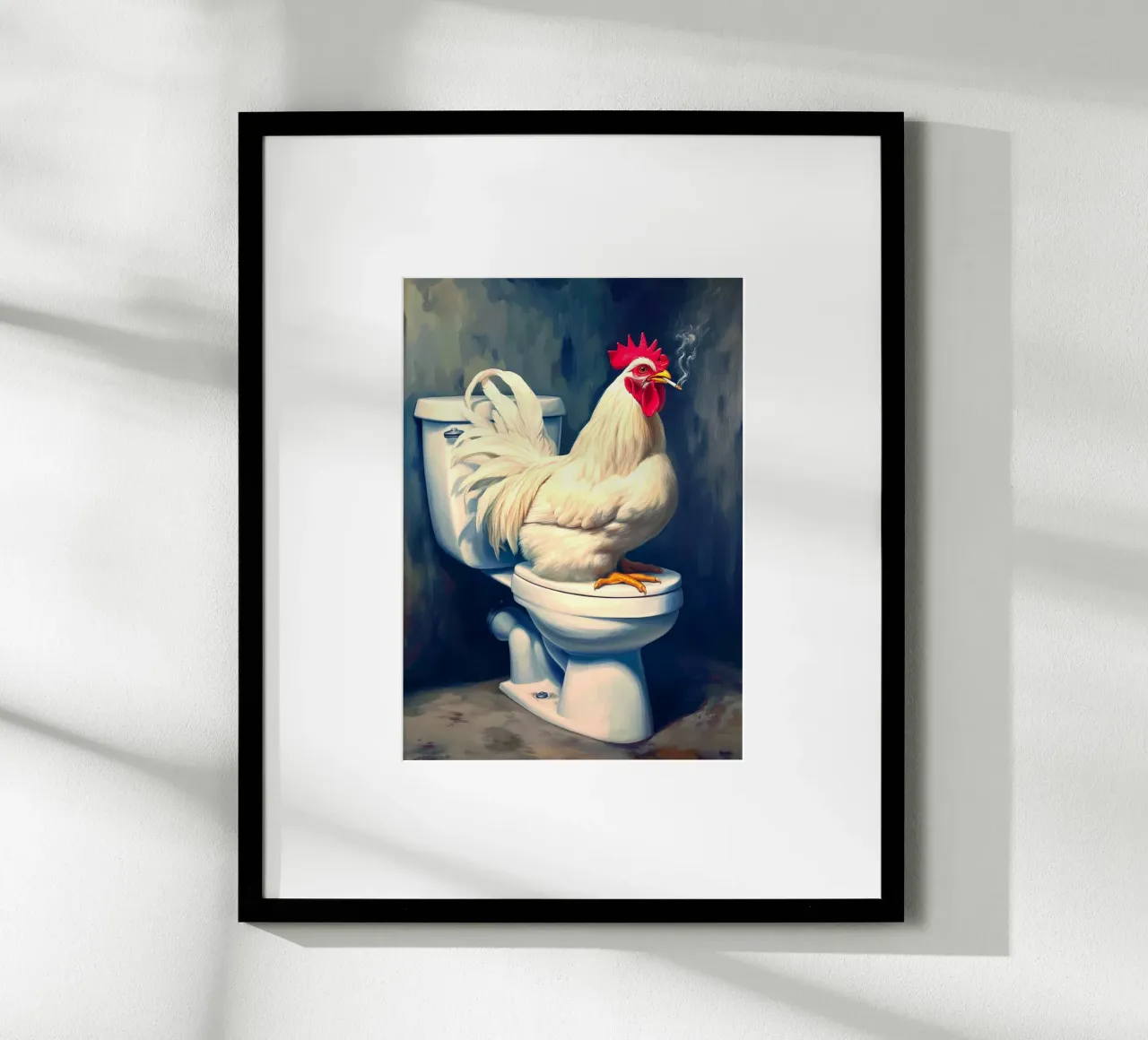 Pollo che fuma sul water poster con telaio in alluminio da Fleur de Lys