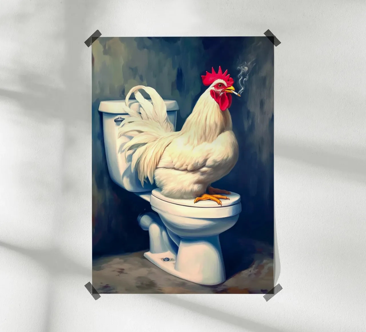 Pollo che fuma sul water poster con telaio in alluminio da Fleur de Lys