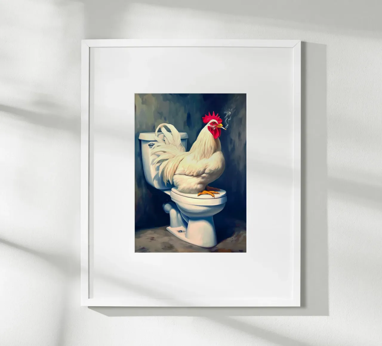 Pollo che fuma sul water poster con telaio in alluminio da Fleur de Lys