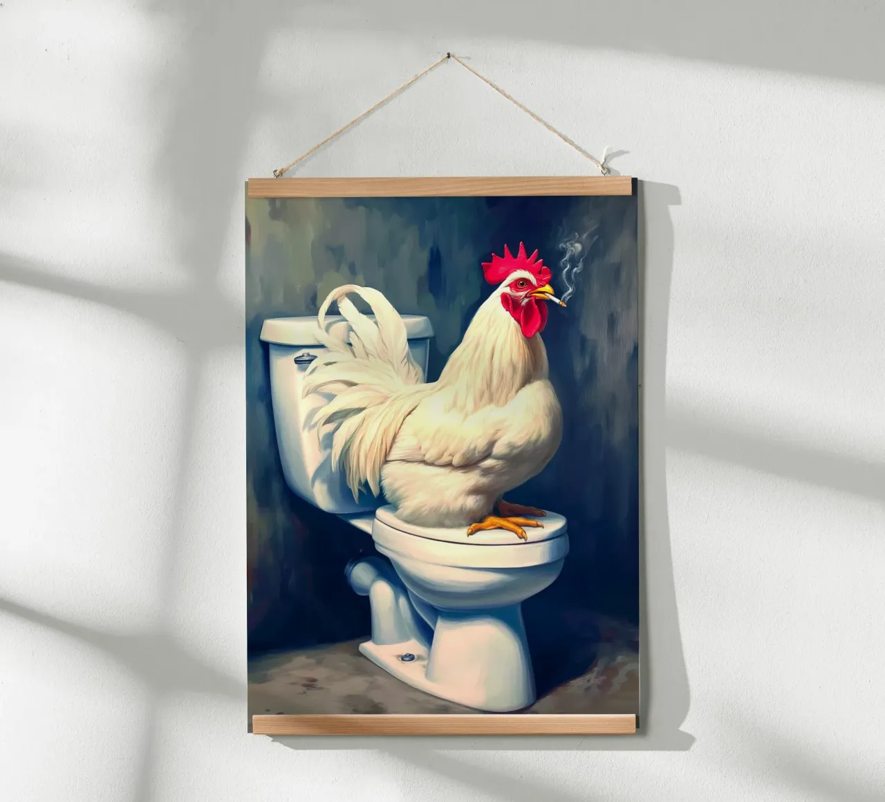 Pollo che fuma sul water poster con telaio in alluminio da Fleur de Lys