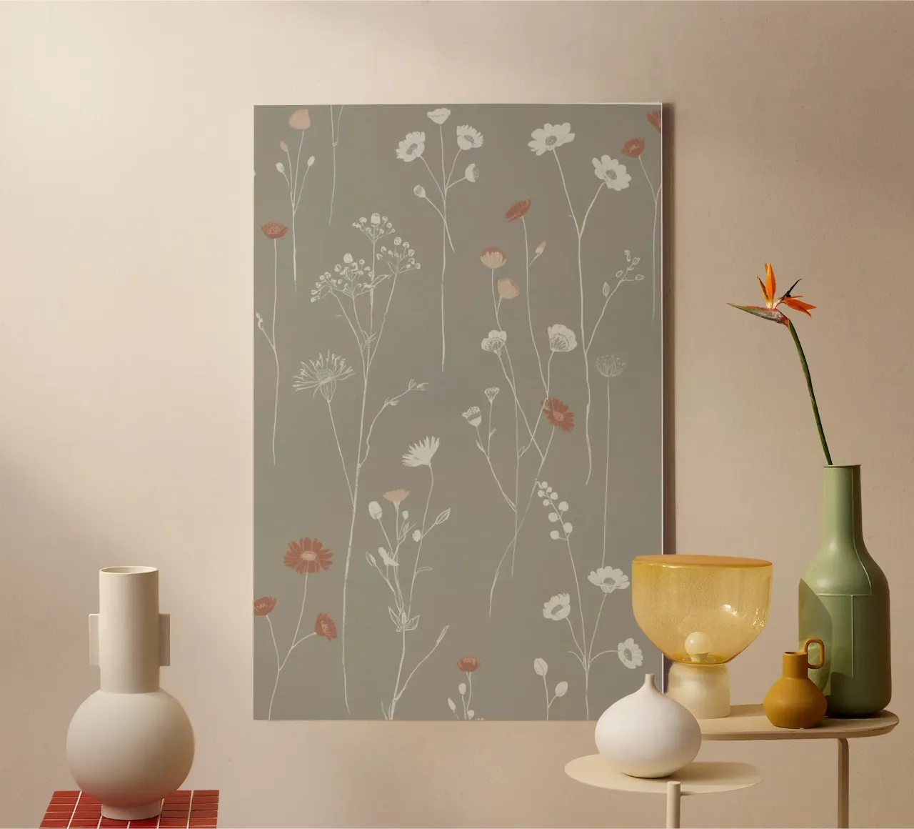 Floral Pattern with White and Red Flowers on Grey canvas with Floater frame by DesignDoodle