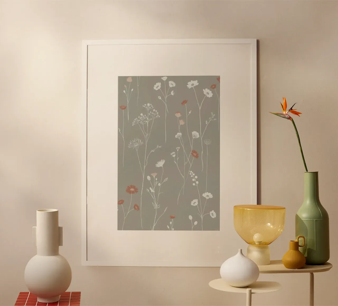 Floral Pattern with White and Red Flowers on Grey poster by DesignDoodle