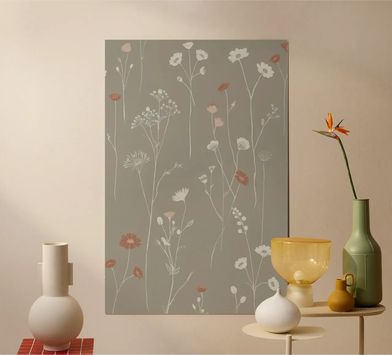 Floral Pattern with White and Red Flowers on Grey poster by DesignDoodle