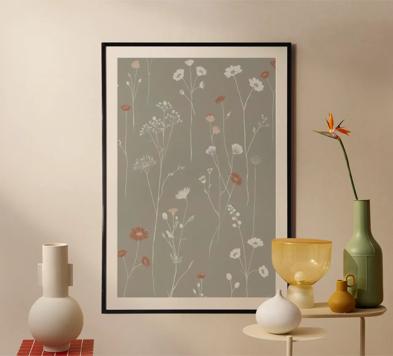 Floral Pattern with White and Red Flowers on Grey poster by DesignDoodle
