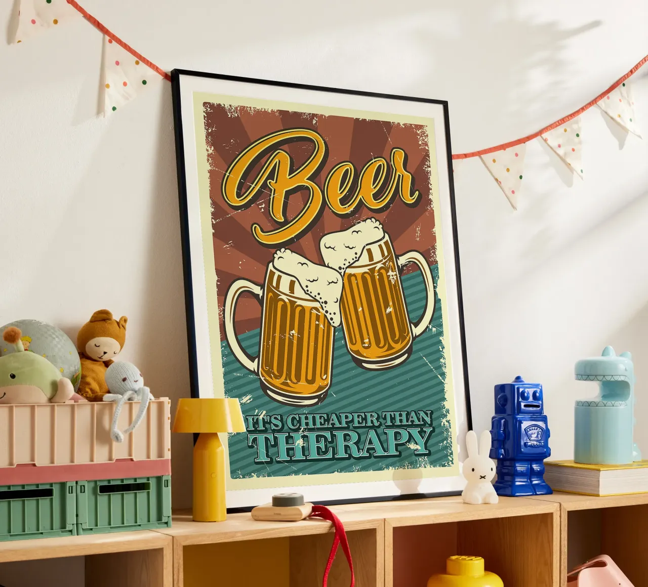 boccali di birra schiuma bevanda alcolica poster con telaio in legno da Anna Müller