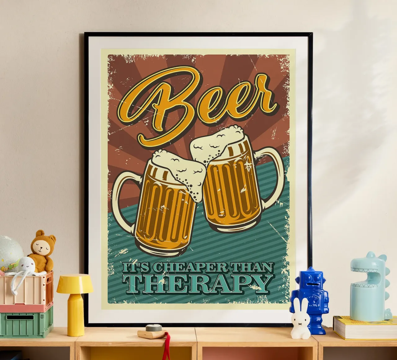boccali di birra schiuma bevanda alcolica poster con telaio in legno da Anna Müller