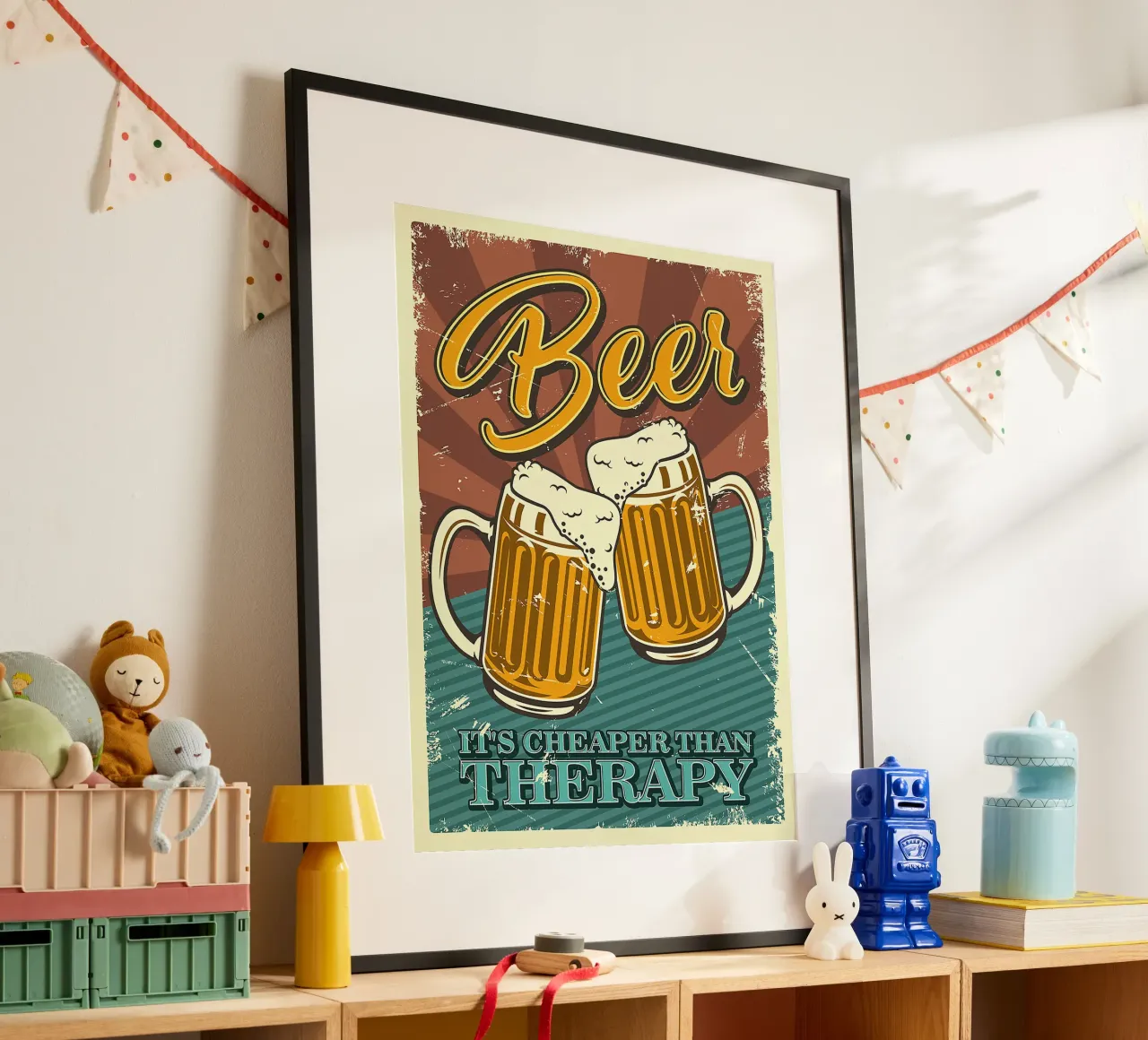 boccali di birra schiuma bevanda alcolica poster con telaio in legno da Anna Müller