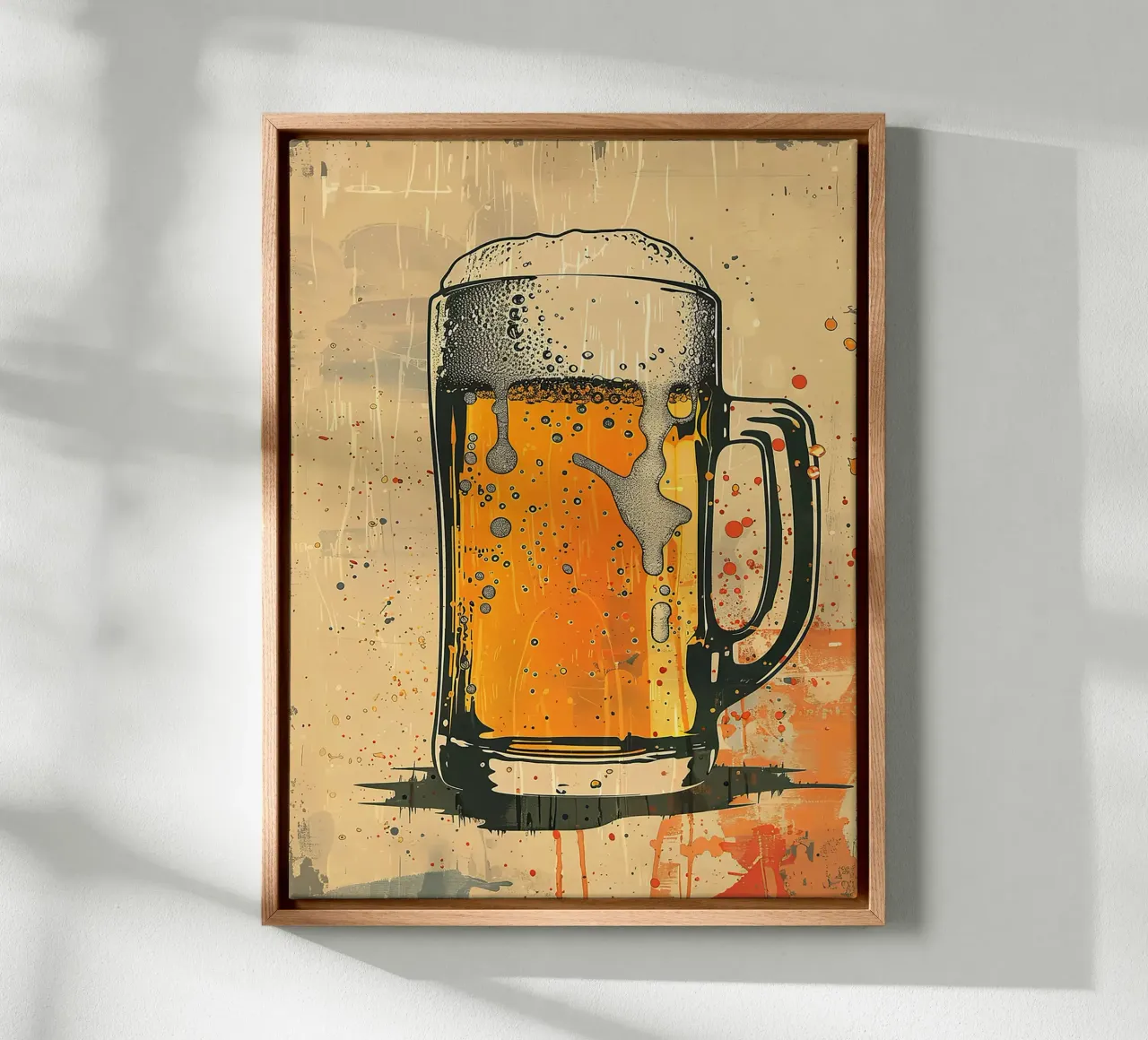 jarra de cerveza espuma burbujas vaso ámbar lienzo con Marco flotante de Anna Müller