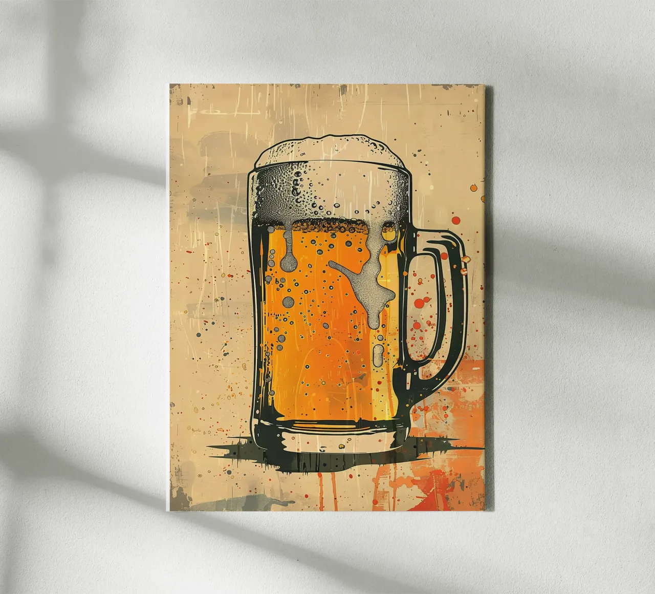 jarra de cerveza espuma burbujas vaso ámbar lienzo con Marco flotante de Anna Müller