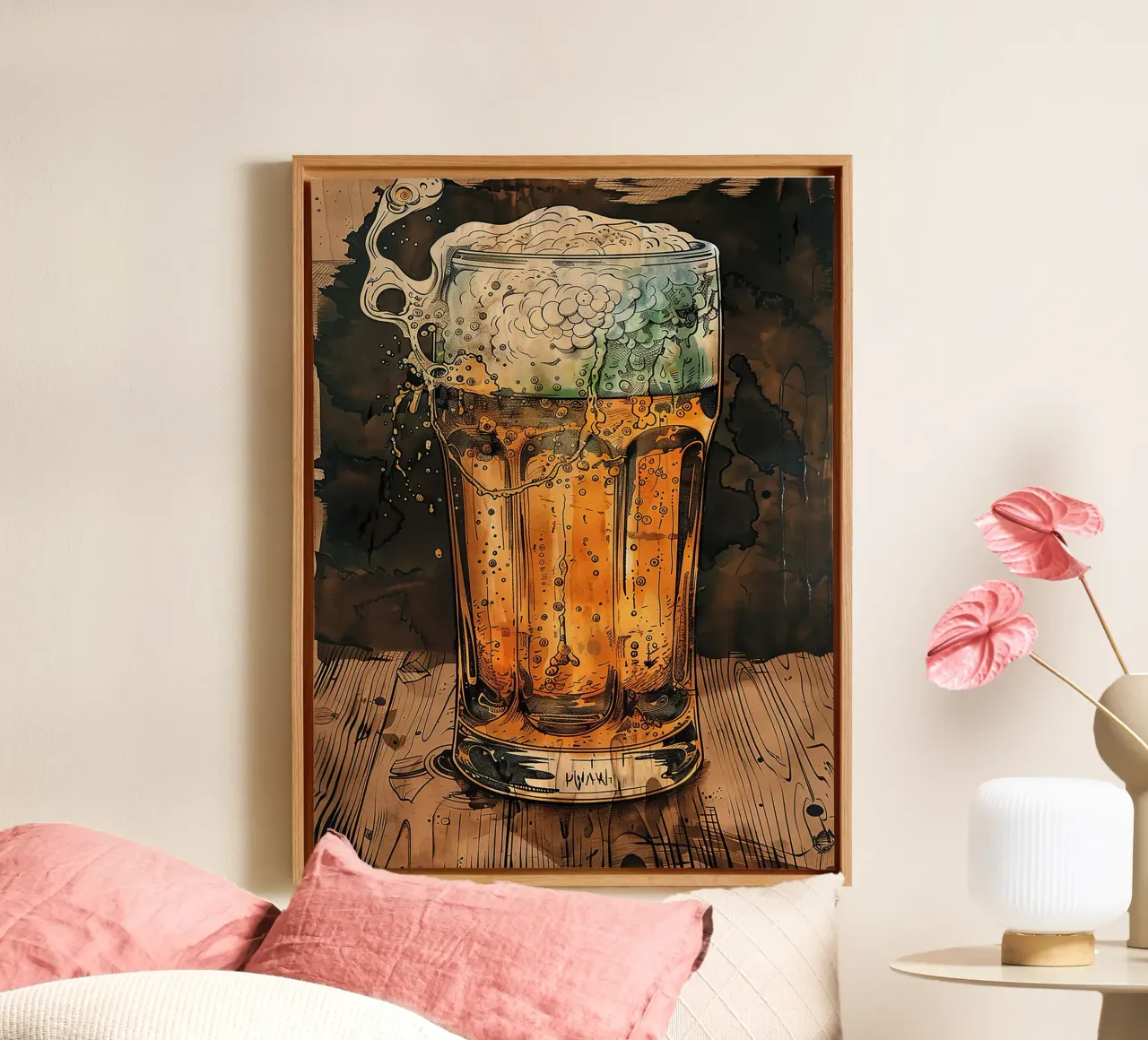 Bierkrug Glas Schaumblasen Holztisch Leinwand mit Schattenfugenrahmen von Anna Müller
