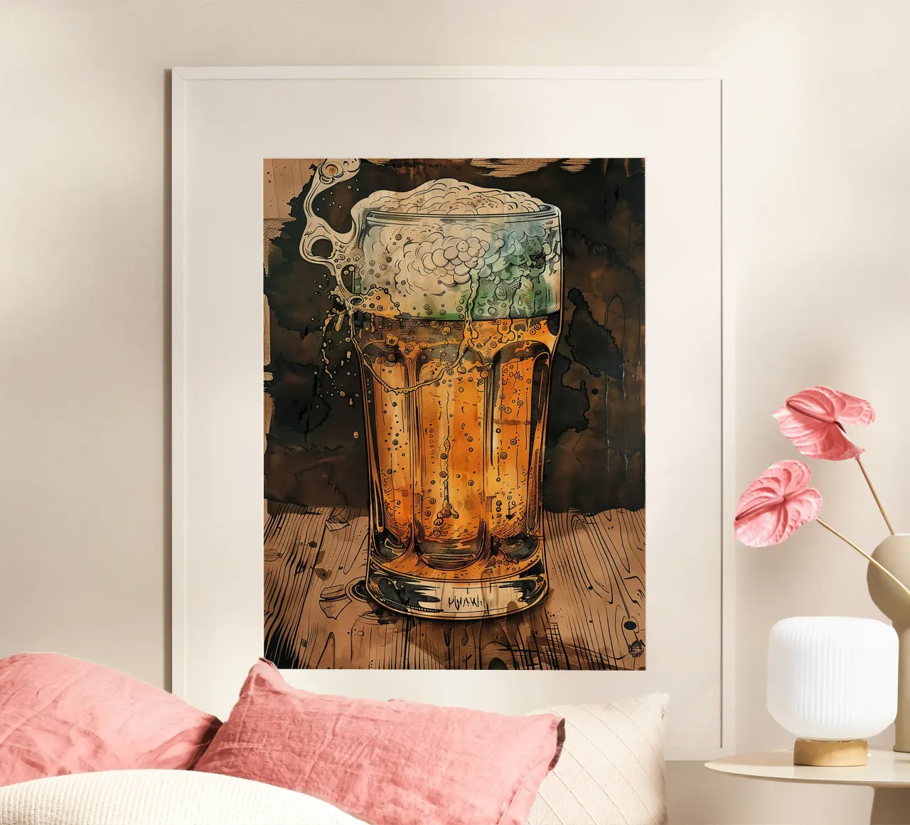 verre à bière verre à mousse bulles table en bois poster de Anna Müller