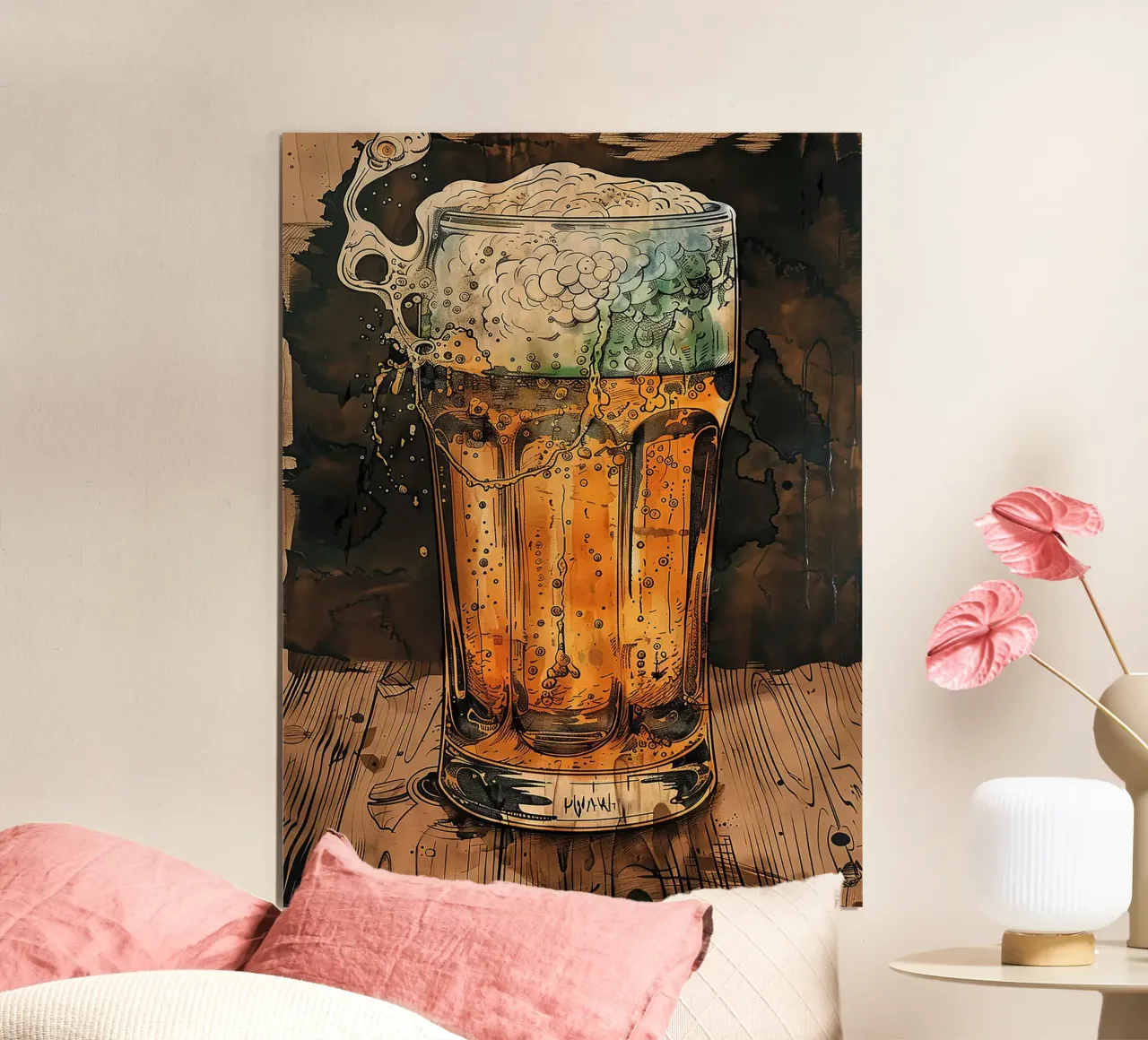 verre à bière verre à mousse bulles table en bois poster de Anna Müller
