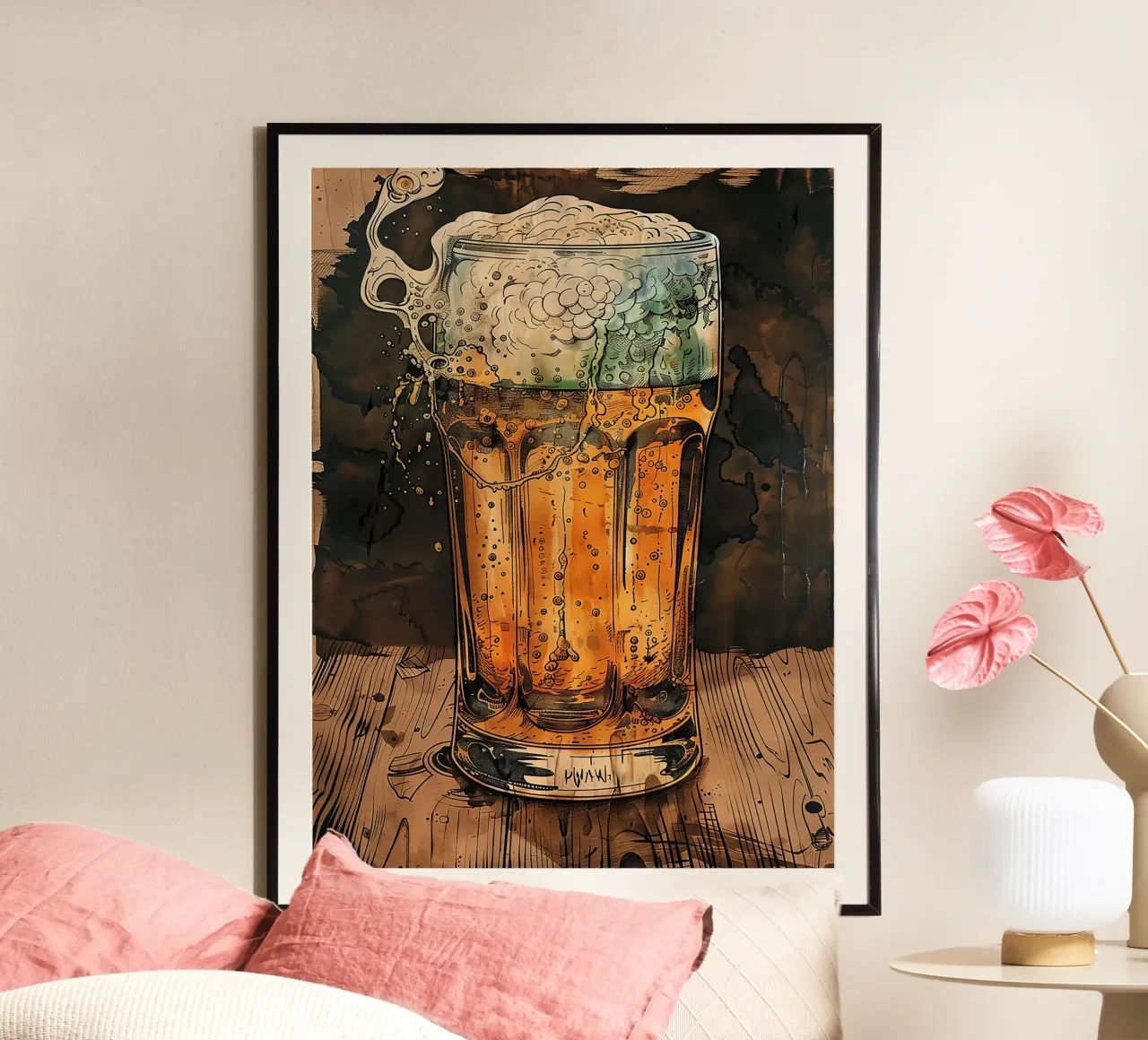 verre à bière verre à mousse bulles table en bois poster de Anna Müller