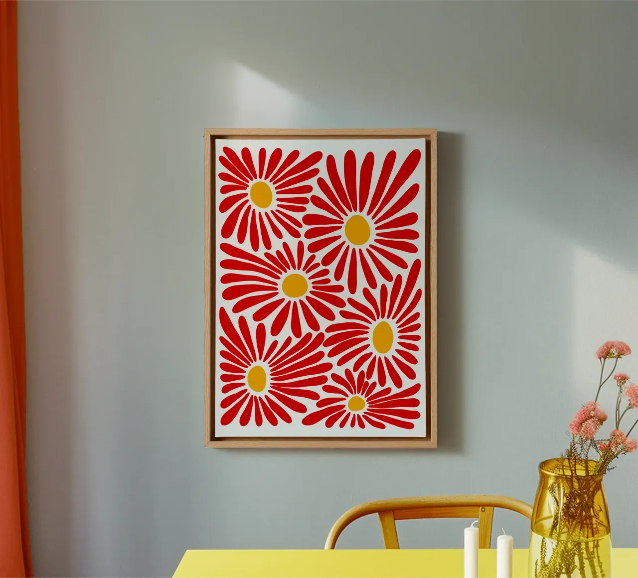Red vivid abstract flowers Leinwand mit Schattenfugenrahmen von TijanaArtStudio88