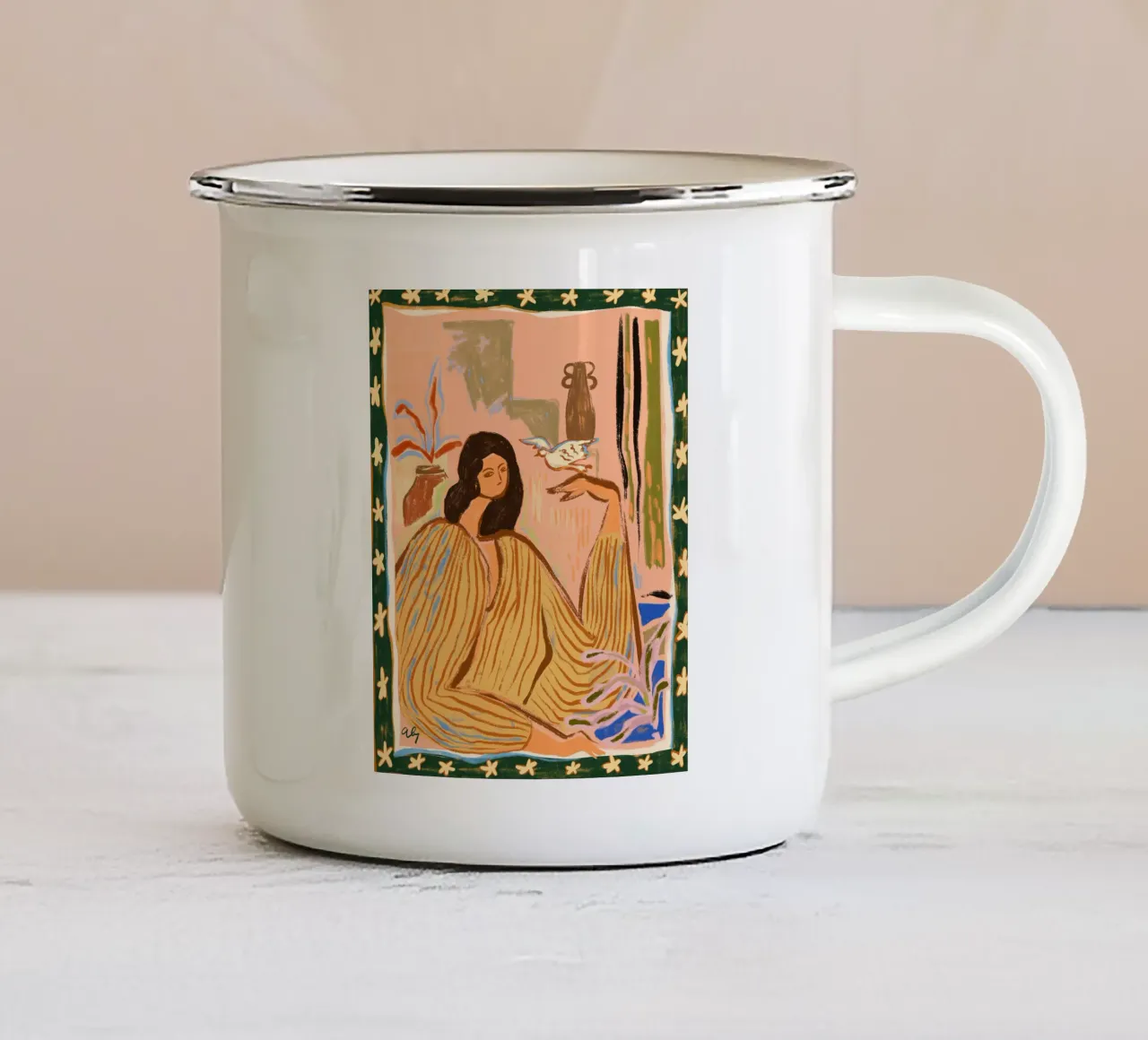Hello Birdy taza de esmalte de Arty Guava
