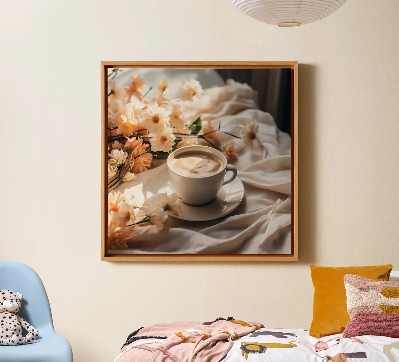 Soft Light, Warm Sip canvas with Floater frame by StillVibe Home
