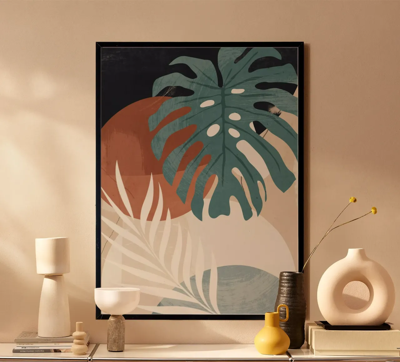 Abstracte kunst tropische bladeren poster met houten frame van ThingDesign