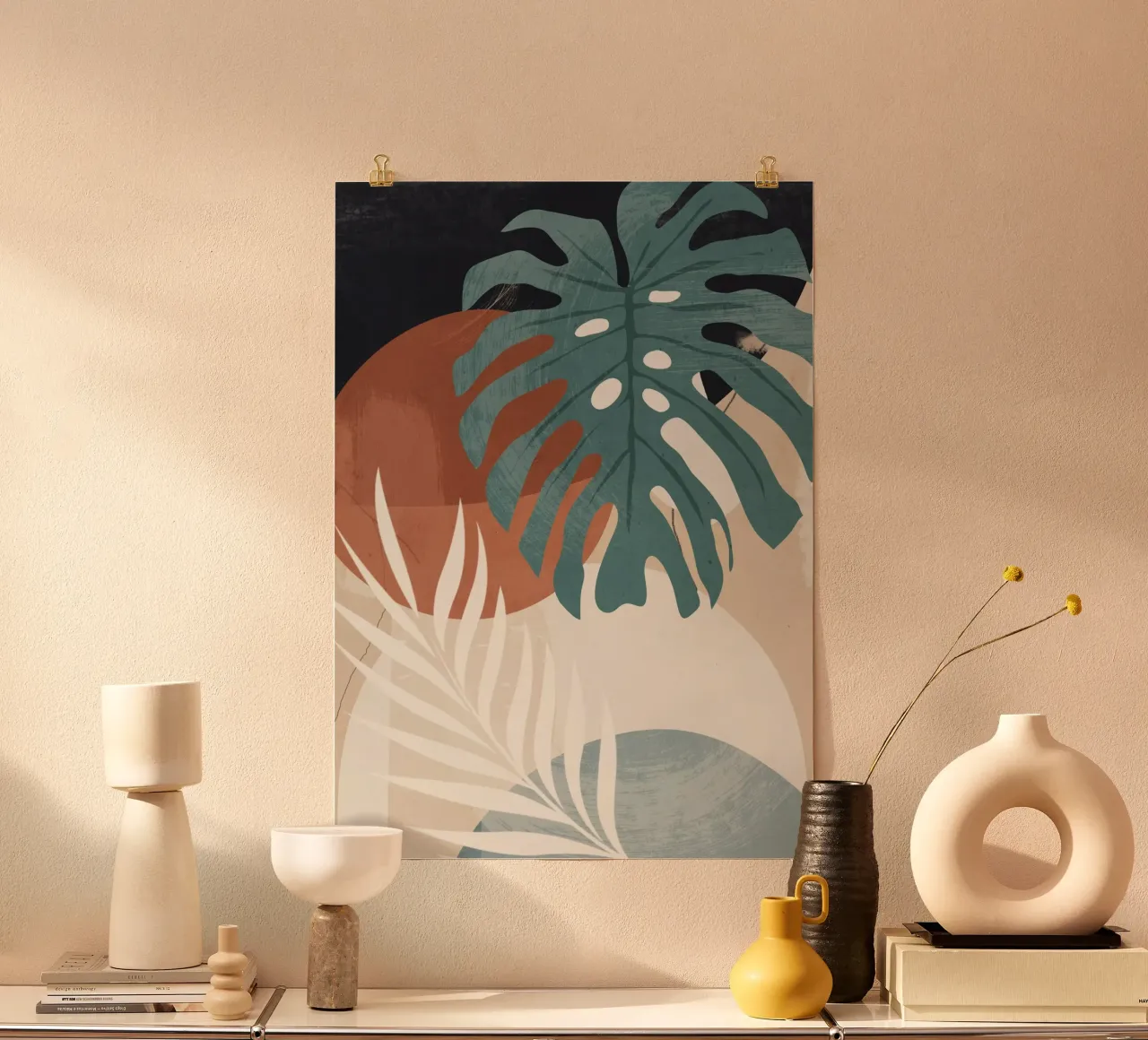 Abstracte kunst tropische bladeren poster met houten frame van ThingDesign