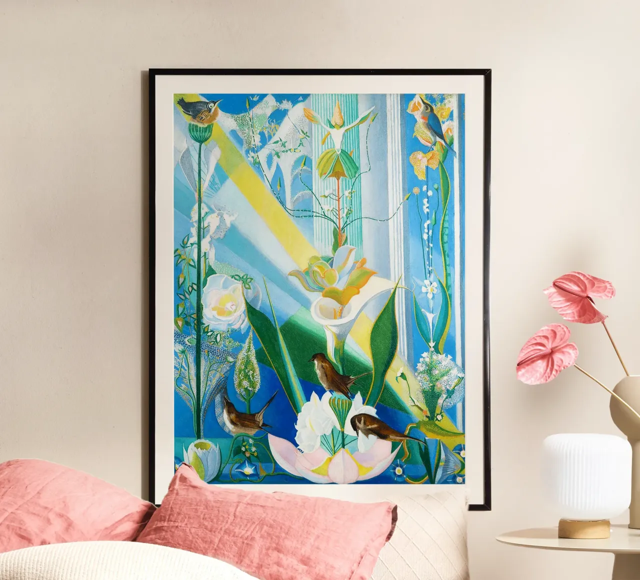 Danza di primavera, canto degli uccelli di Joseph Stella poster con telaio in legno da Art History