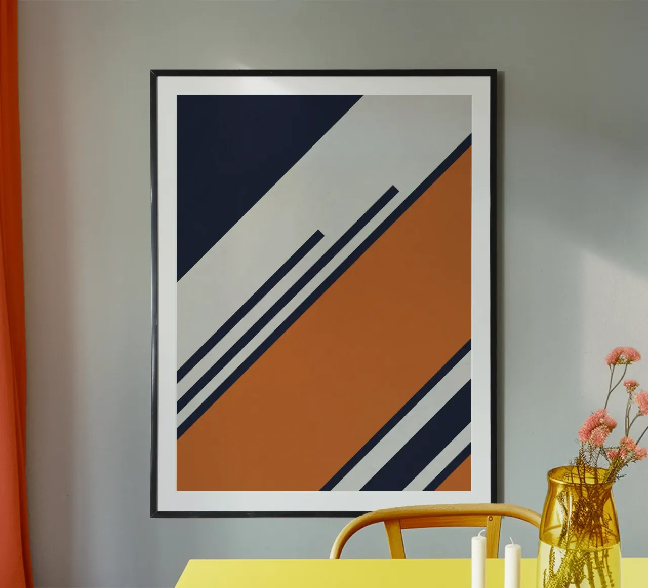 Strisce retrò in blu arancione poster con telaio in plastica da Petra Lang