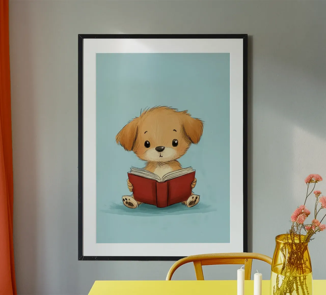 libro di illustrazioni di cartoni animati di cuccioli di cane poster con telaio in legno da Thomas Weber