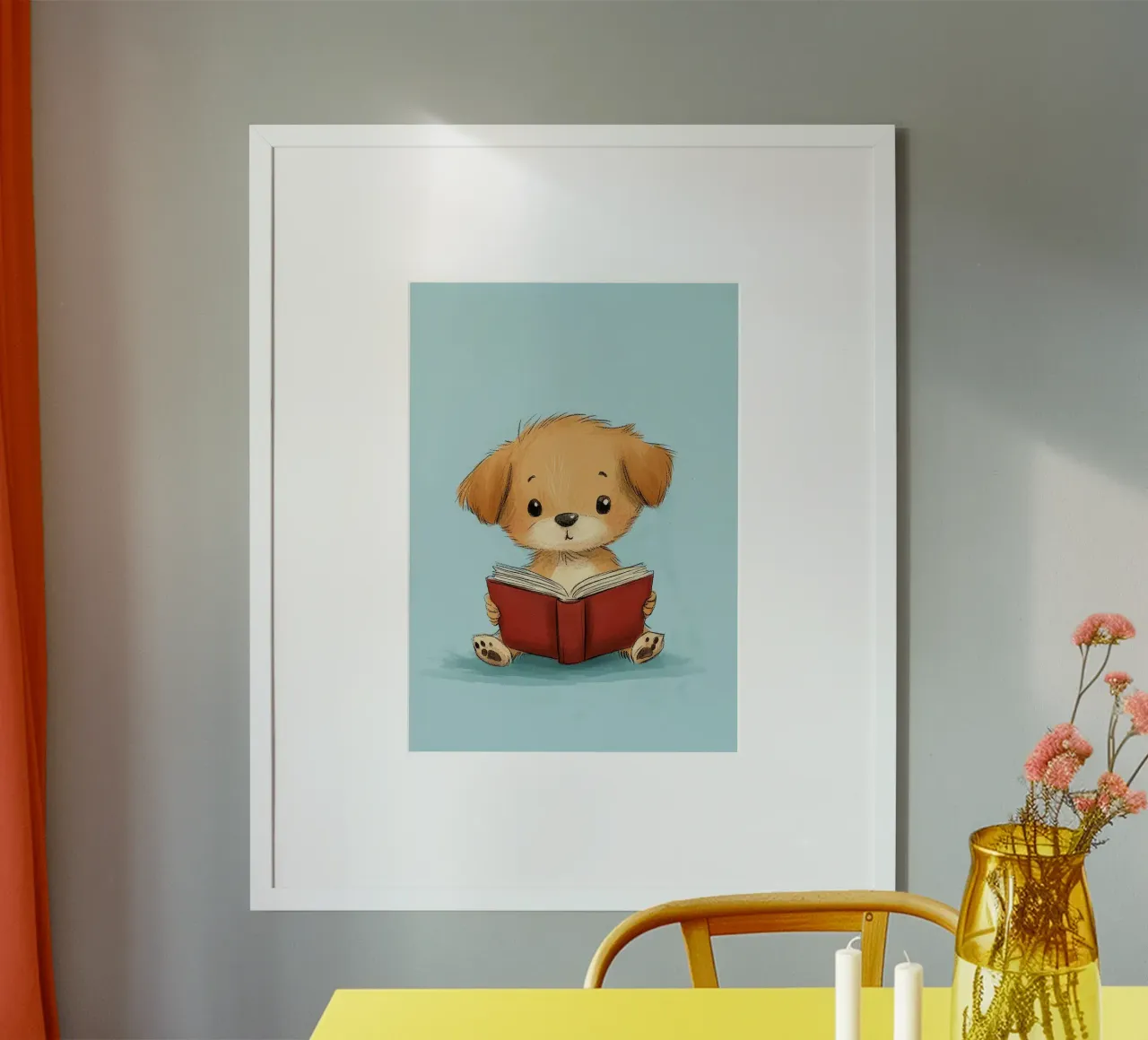 libro di illustrazioni di cartoni animati di cuccioli di cane poster con telaio in legno da Thomas Weber