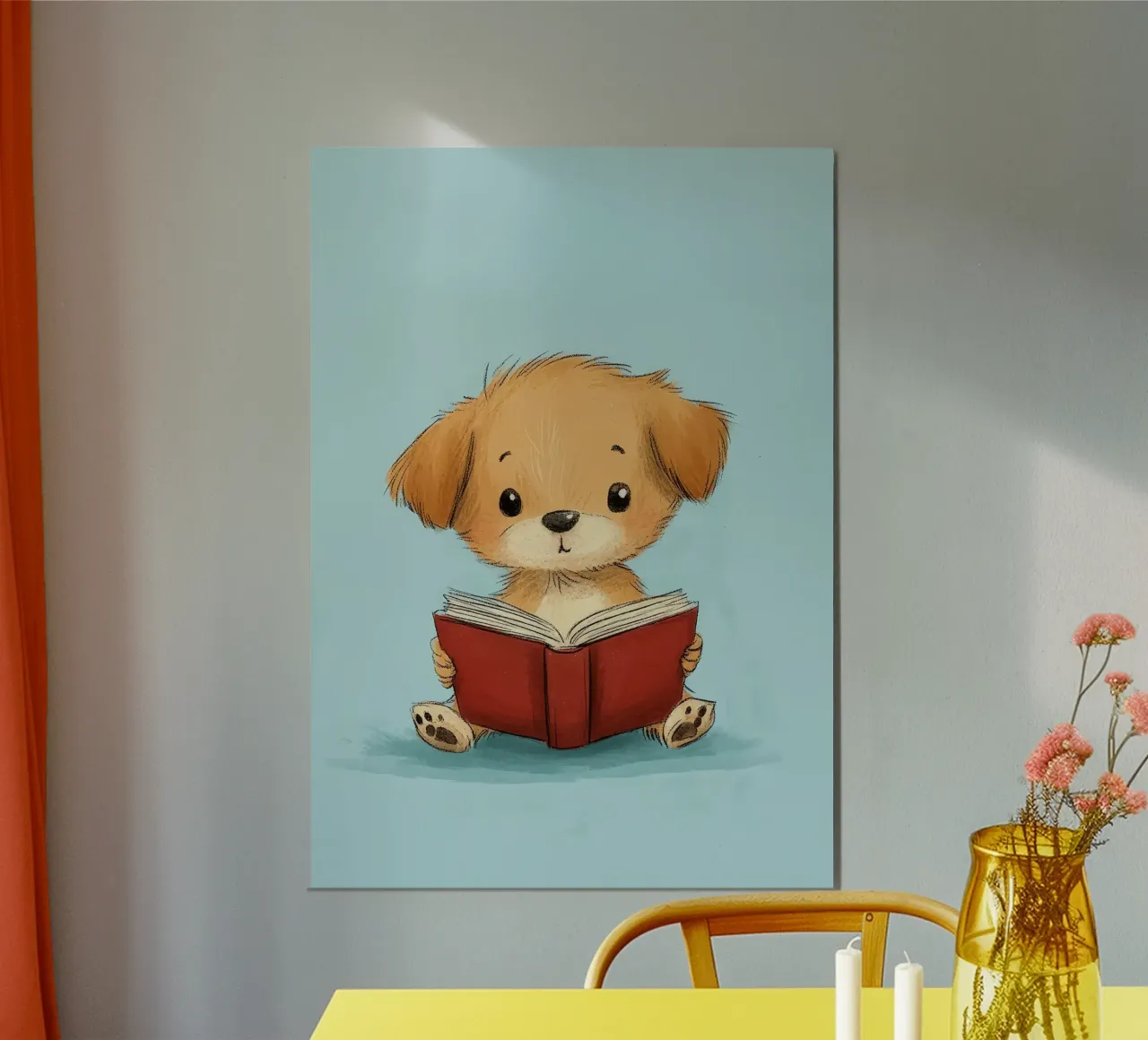 libro di illustrazioni di cartoni animati di cuccioli di cane poster con telaio in legno da Thomas Weber