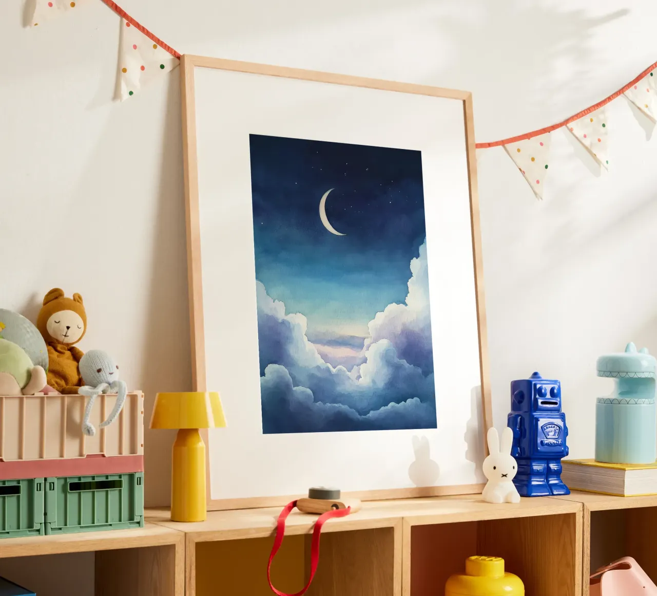 luna crescente cielo notturno stelle nuvole poster con telaio in alluminio da Thomas Weber