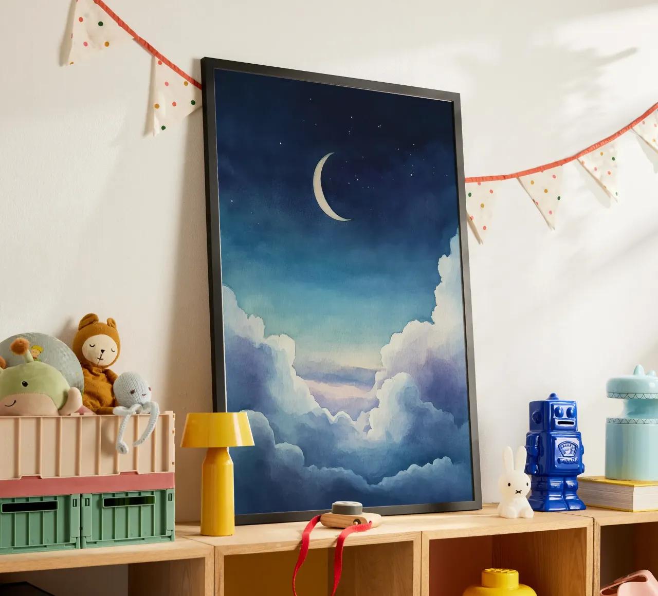 luna crescente cielo notturno stelle nuvole poster con telaio in alluminio da Thomas Weber
