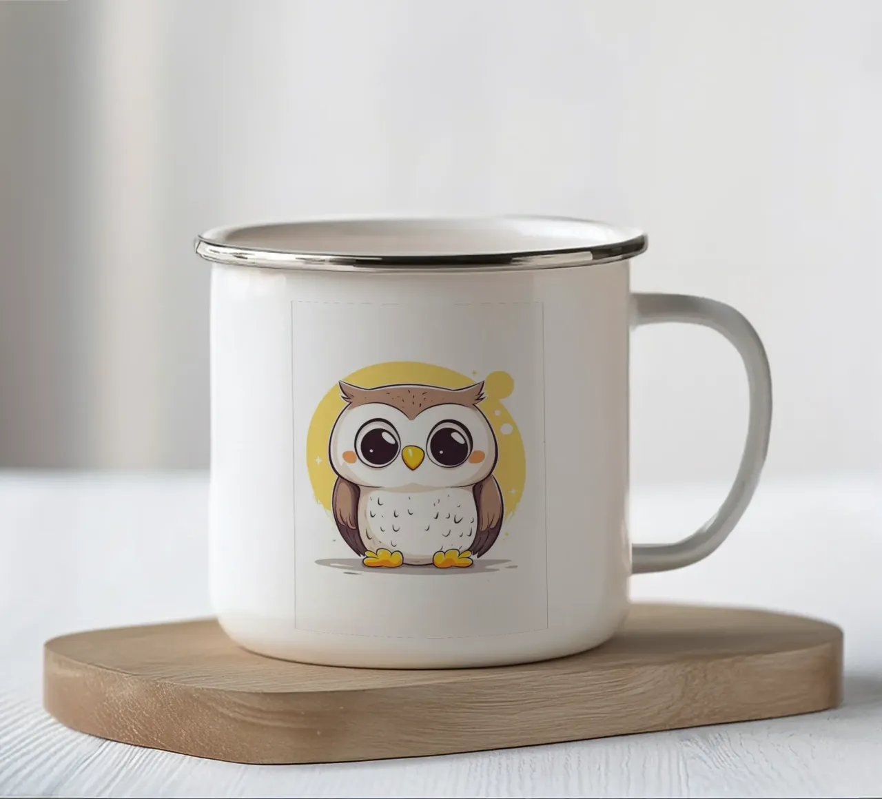 gufo carino occhi grandi piume di uccello cartone animato tazza in smalto da Thomas Weber