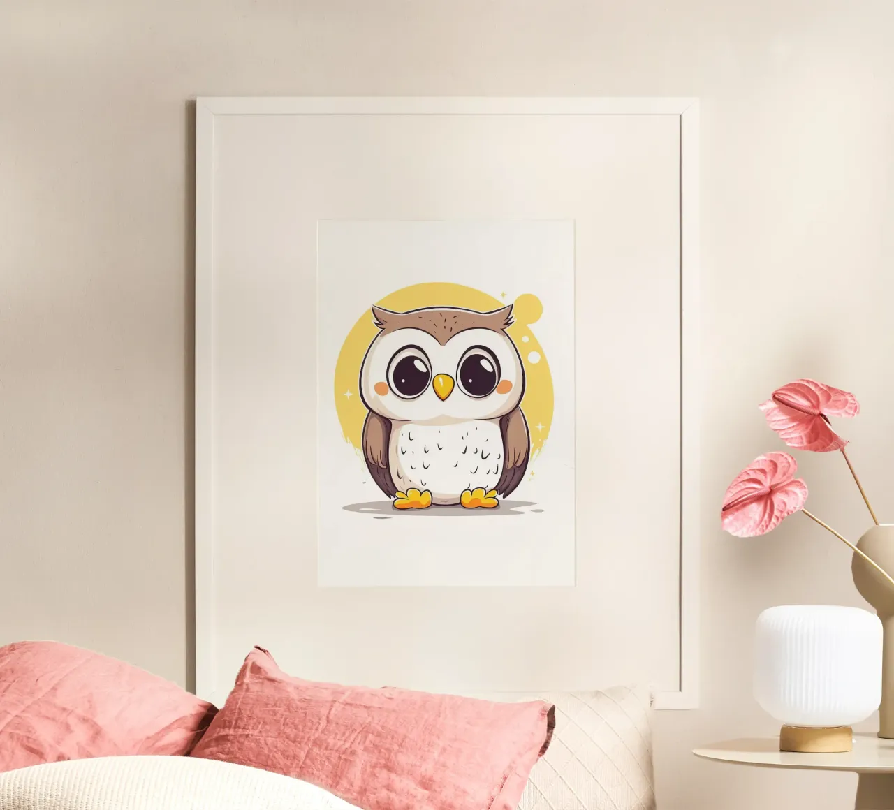 gufo carino occhi grandi piume di uccello cartone animato poster con telaio in alluminio da Thomas Weber