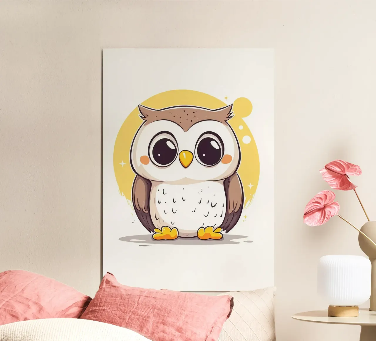 gufo carino occhi grandi piume di uccello cartone animato poster con telaio in alluminio da Thomas Weber