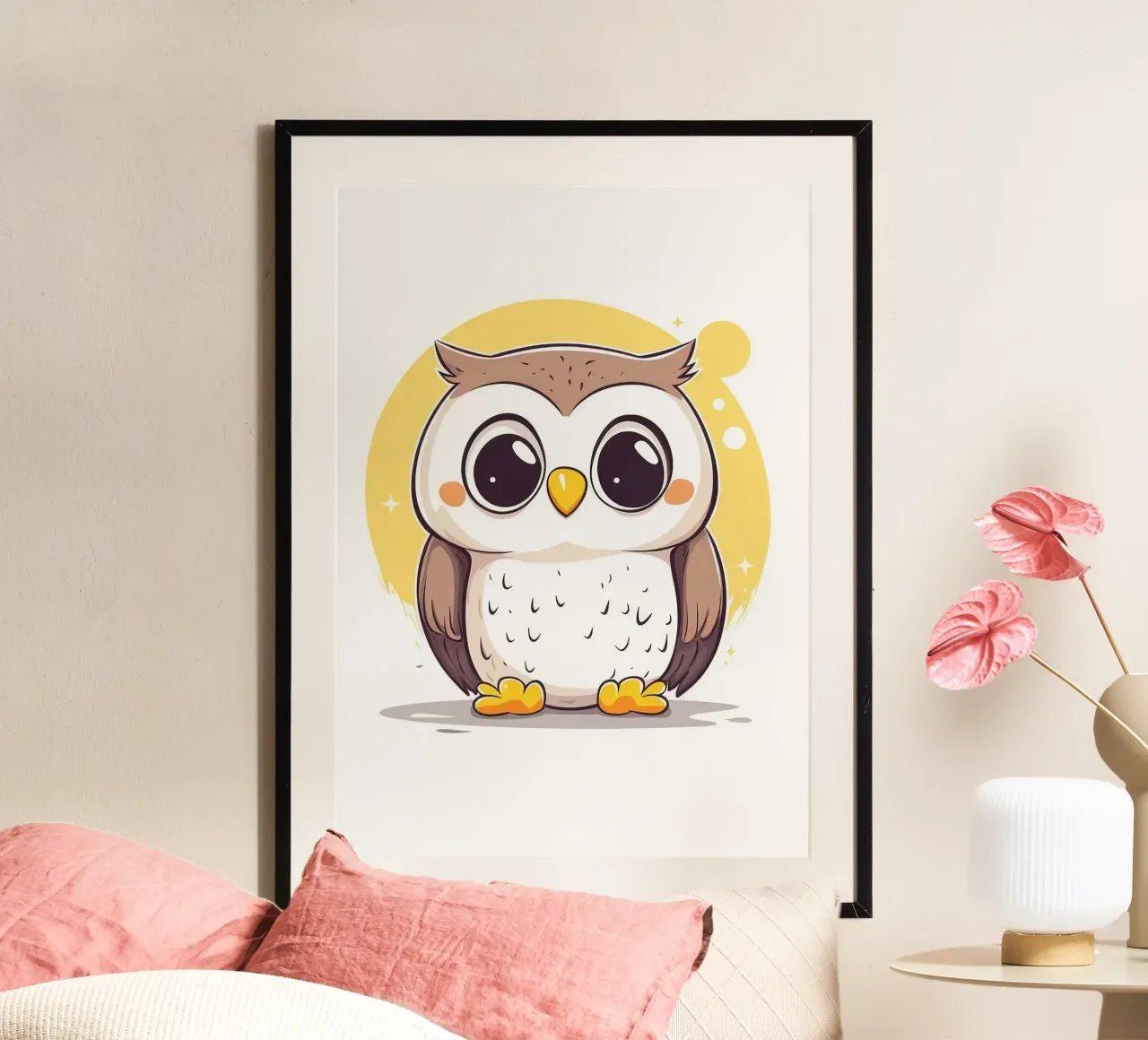 gufo carino occhi grandi piume di uccello cartone animato poster con telaio in alluminio da Thomas Weber