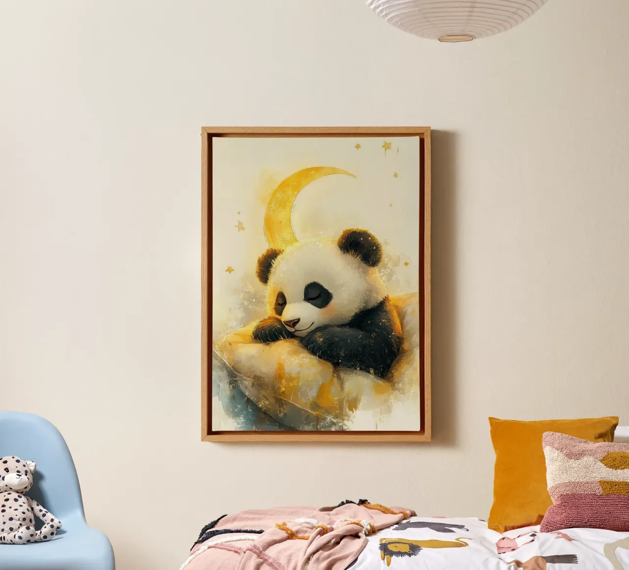 panda luna crescente cuscino stelle notte tela con Cornice a cassetta da Thomas Weber