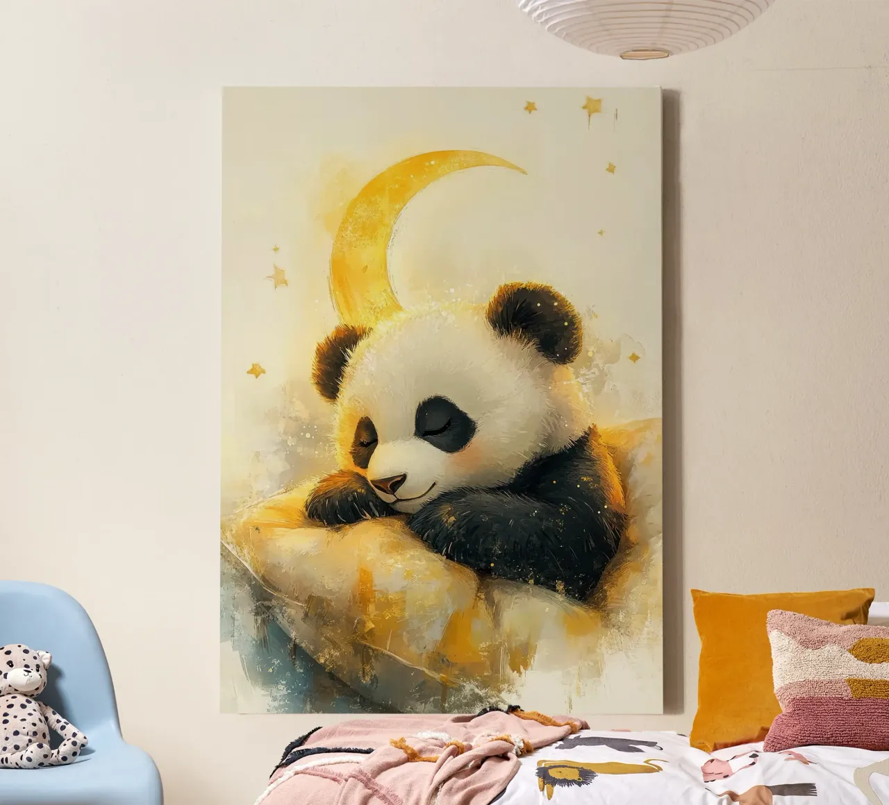 panda luna crescente cuscino stelle notte tela con Cornice a cassetta da Thomas Weber