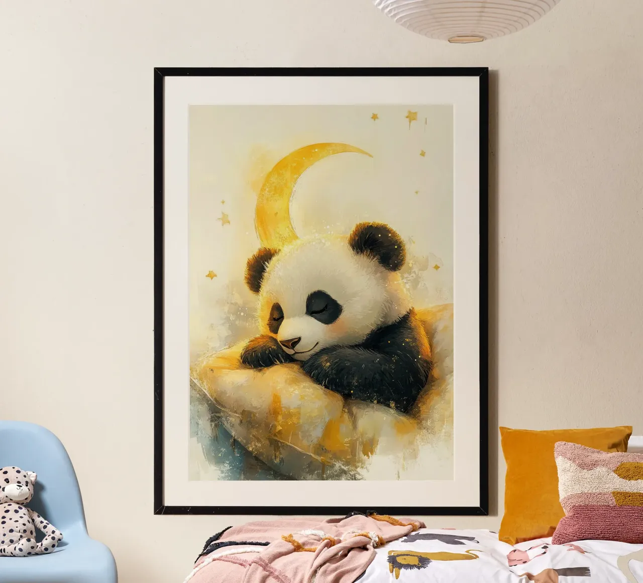panda luna crescente cuscino stelle notte poster con telaio in plastica da Thomas Weber