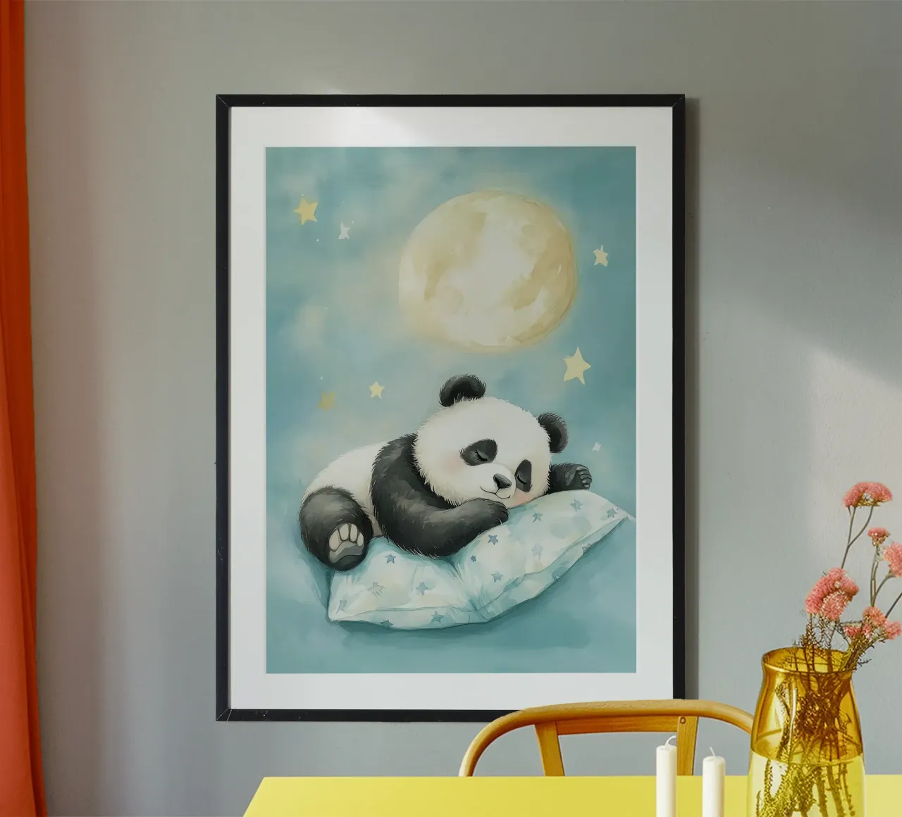 cuscino panda che dorme con le stelle della luna poster con telaio in legno da Thomas Weber