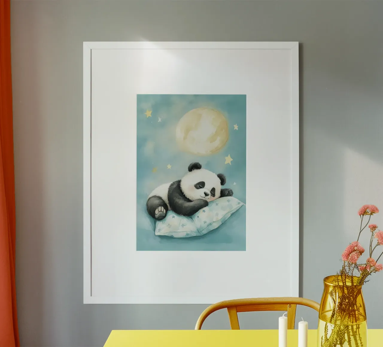 cuscino panda che dorme con le stelle della luna poster con telaio in legno da Thomas Weber